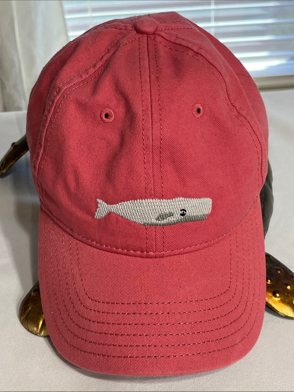 Harding-Lane Needlepoint Fish Baseball Cap Coral Red Cotton Hat